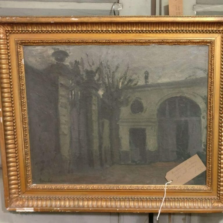 French oil on canvas - gateway of a grand house