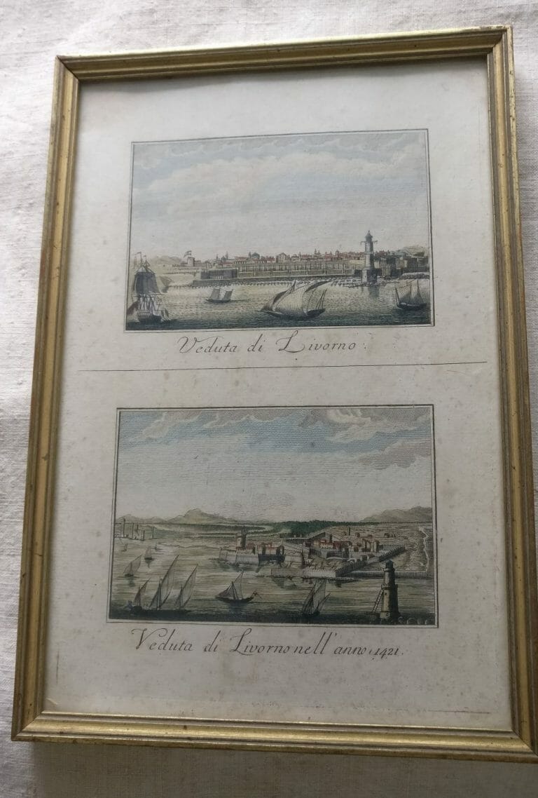 Pair of gilt framed Italian hand tinted engravings