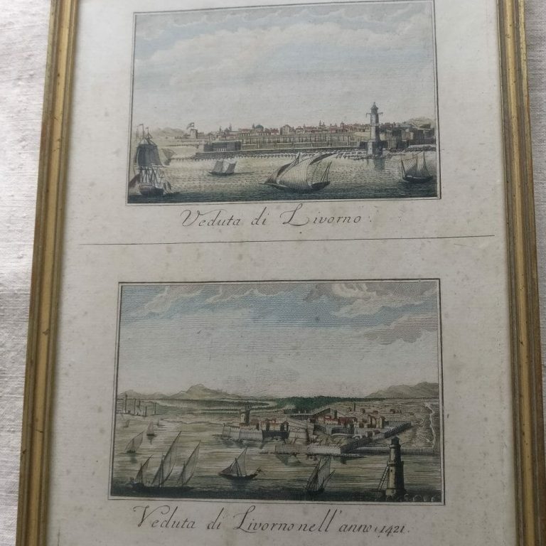 Pair of gilt framed Italian hand tinted engravings