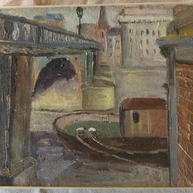 Oil on canvas of a barge on the Seine