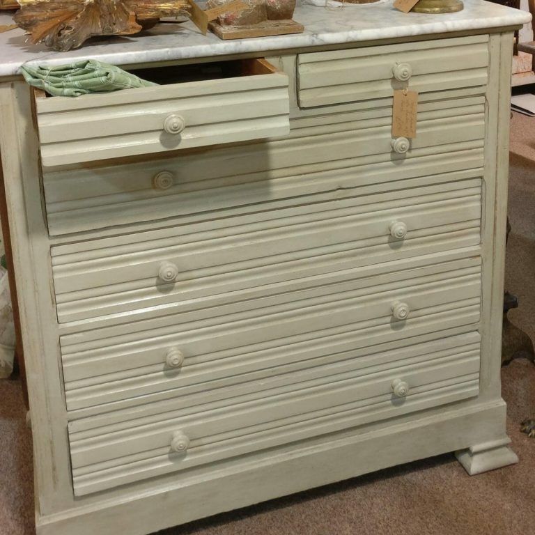 Marble topped, painted French chest of drawers