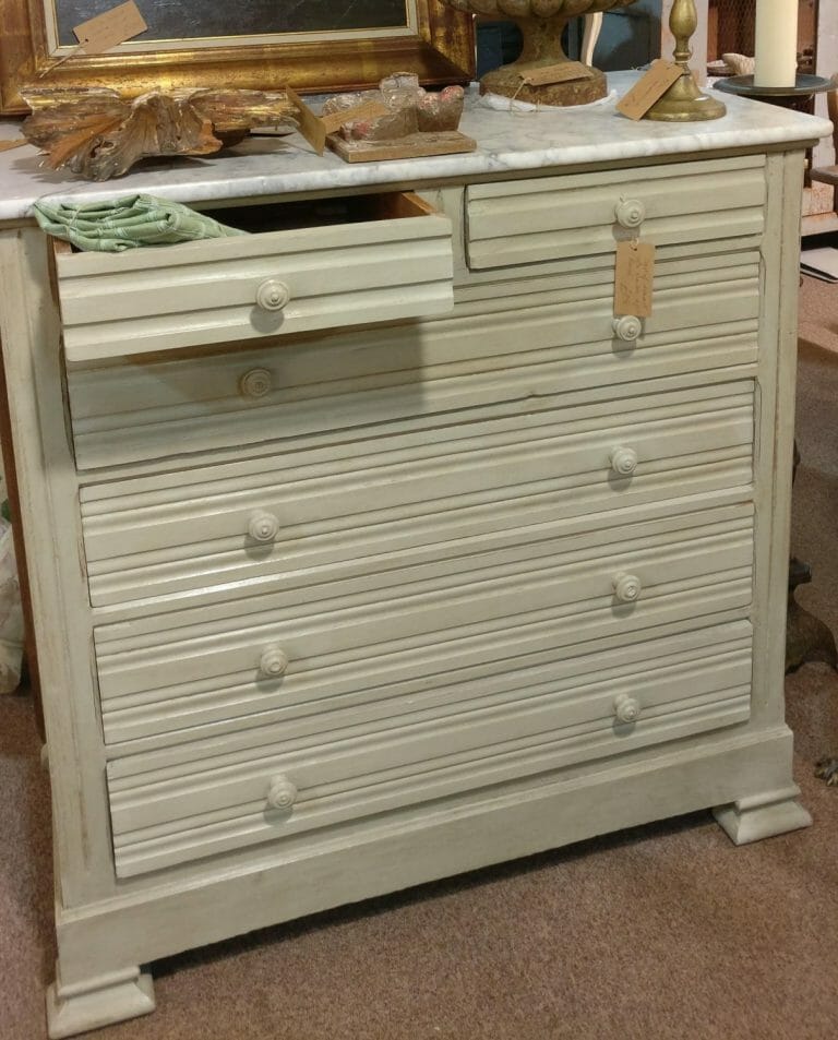 Marble topped, painted French chest of drawers