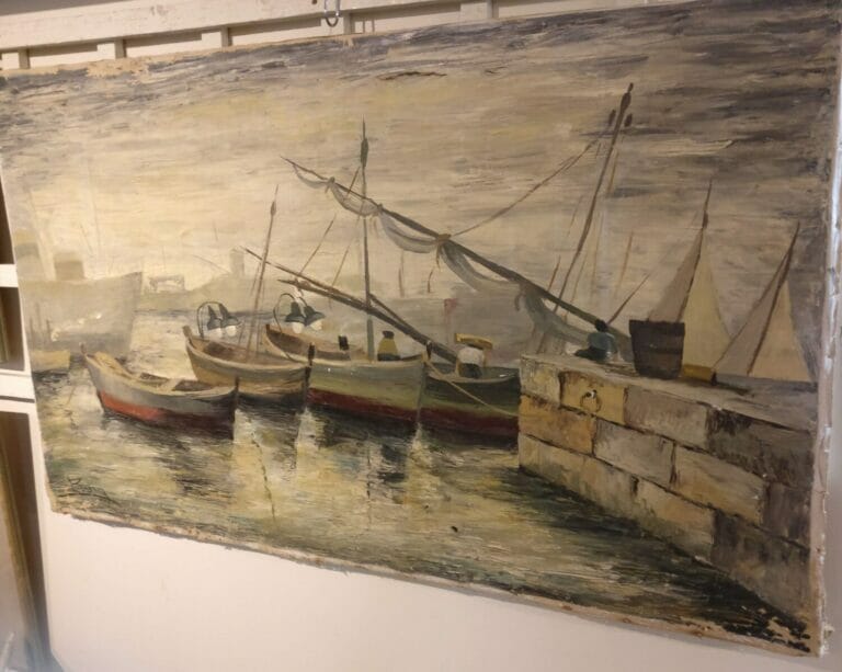 Large French canvas of a harbour scene