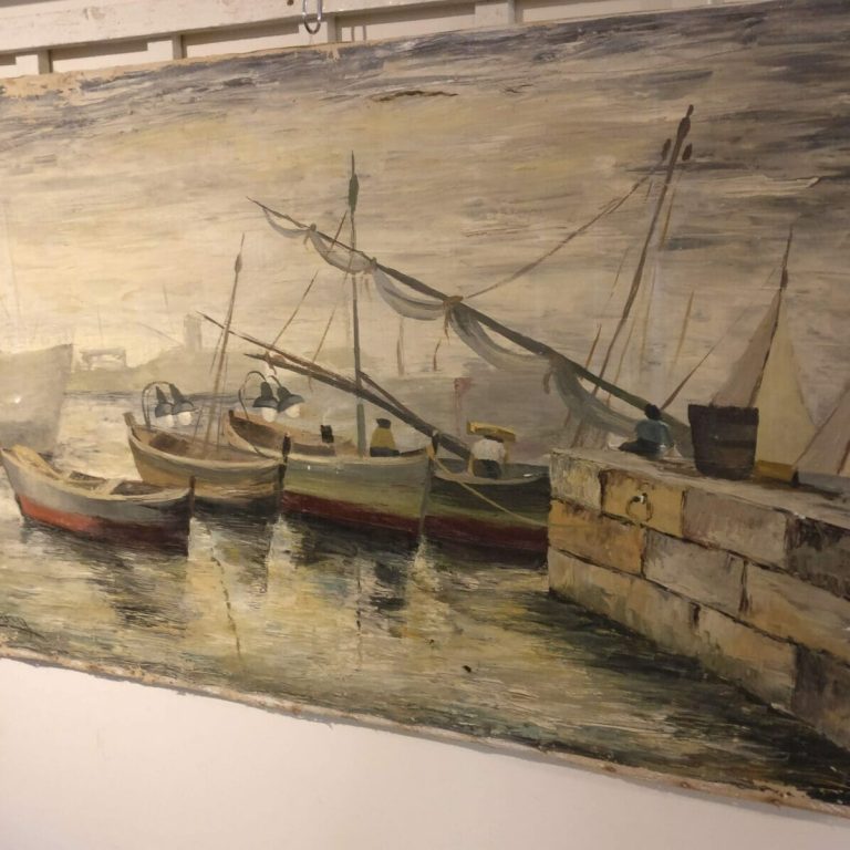 Large French canvas of a harbour scene